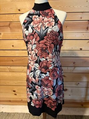 Chico's Floral Halter Mini Dress - Black and Coral Pink